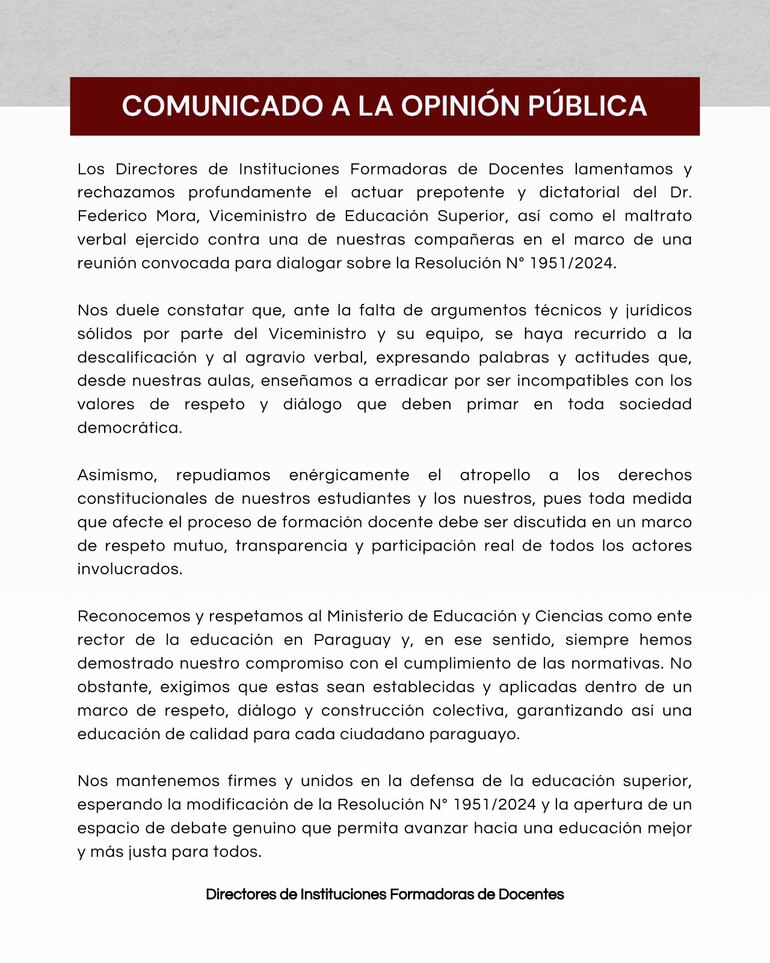 El comunicado difundido por directores de IFD de todo el país.