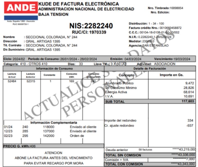 Factura de la seccional colorada 244, con una deuda de más de G. 40.000.000.