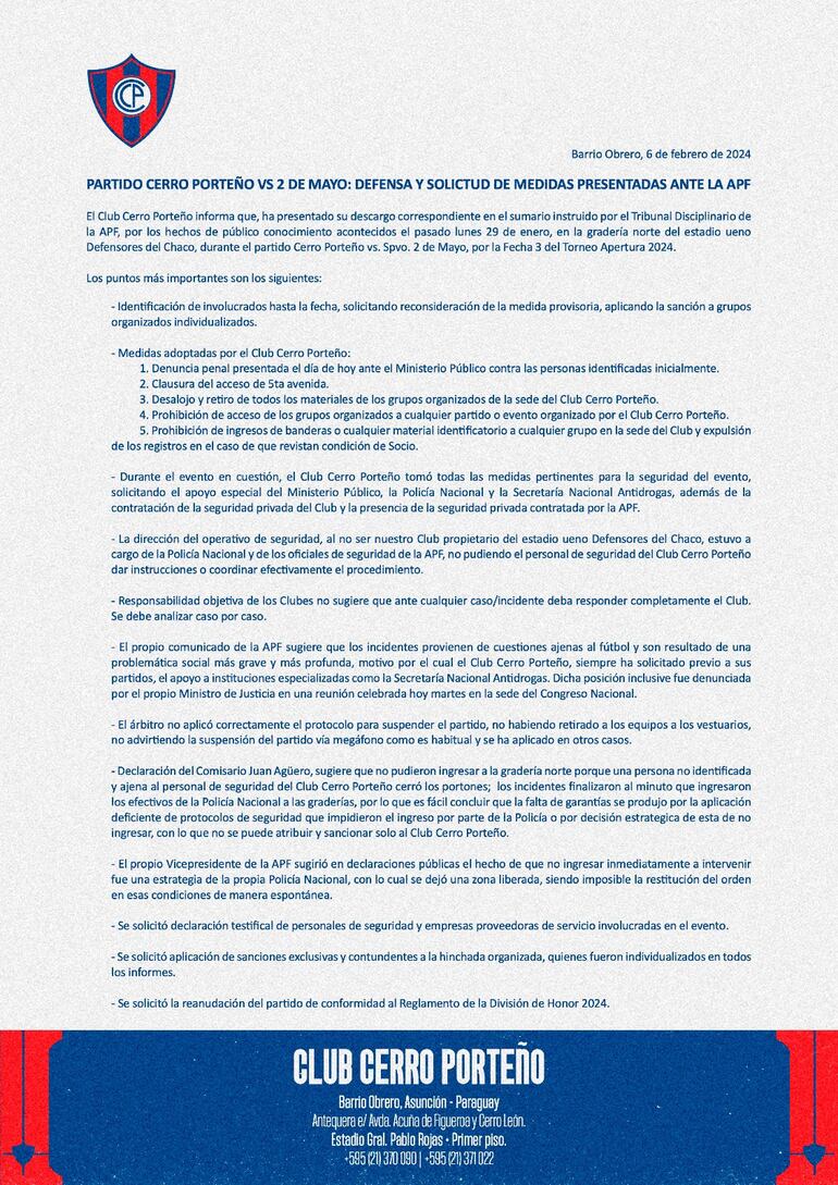 La defensa de Cerro Porteño por el partido suspendido ante 2 de Mayo.