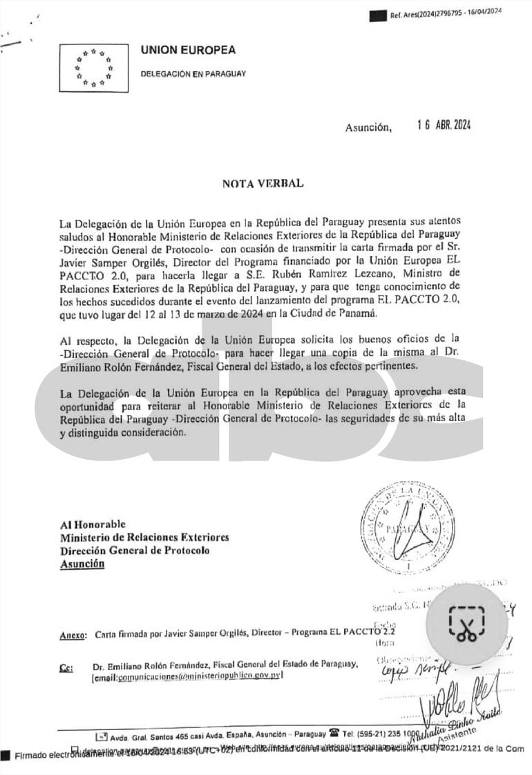 Denuncian por acoso al jefe de seguridad del Fiscal General del Estado. Captura de la nota emitida por embajador de la Unión Europea ante Paraguay a la Cancillería, tras recibir la denuncia.