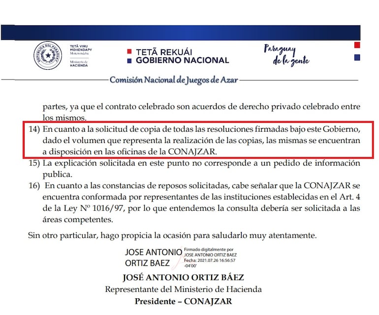 Facsímil de la respuesta de José Ortiz al pedido de copia de las resoluciones, en la cual indica que se encuentran a disposición en las oficinas. Desde entonces, sistemáticamente impide que se acceda a los documentos de forma física.