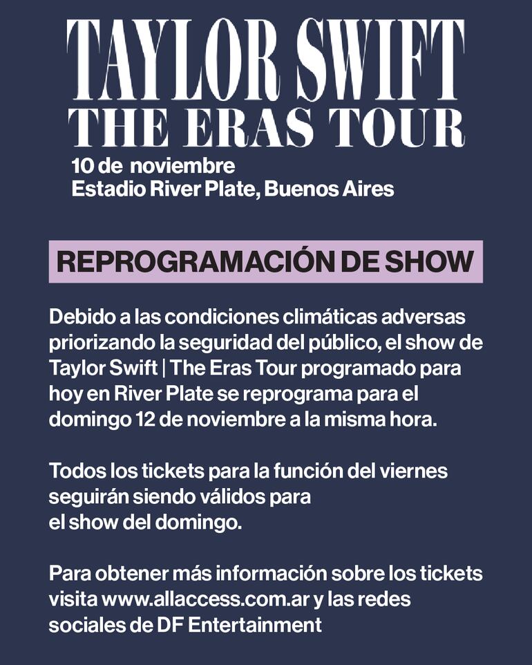 Comunicado de la productora del concierto de Taylor Swift en Argentina.