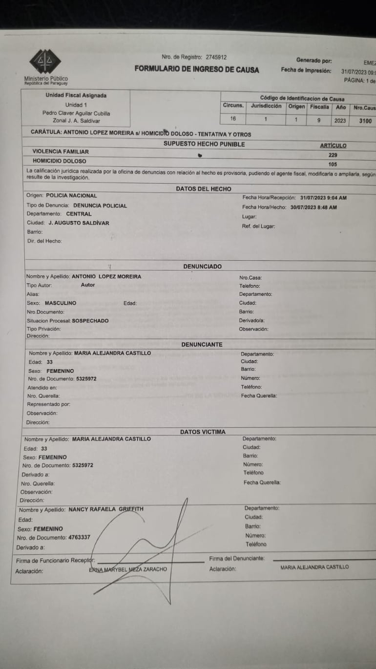 Carátula de la fiscalía contra el concejal liberal de J. Augusto Saldivar, Antonio López Moreira, sobre supuesta violencia familiar y homicidio dolosos en grado de tentativa.