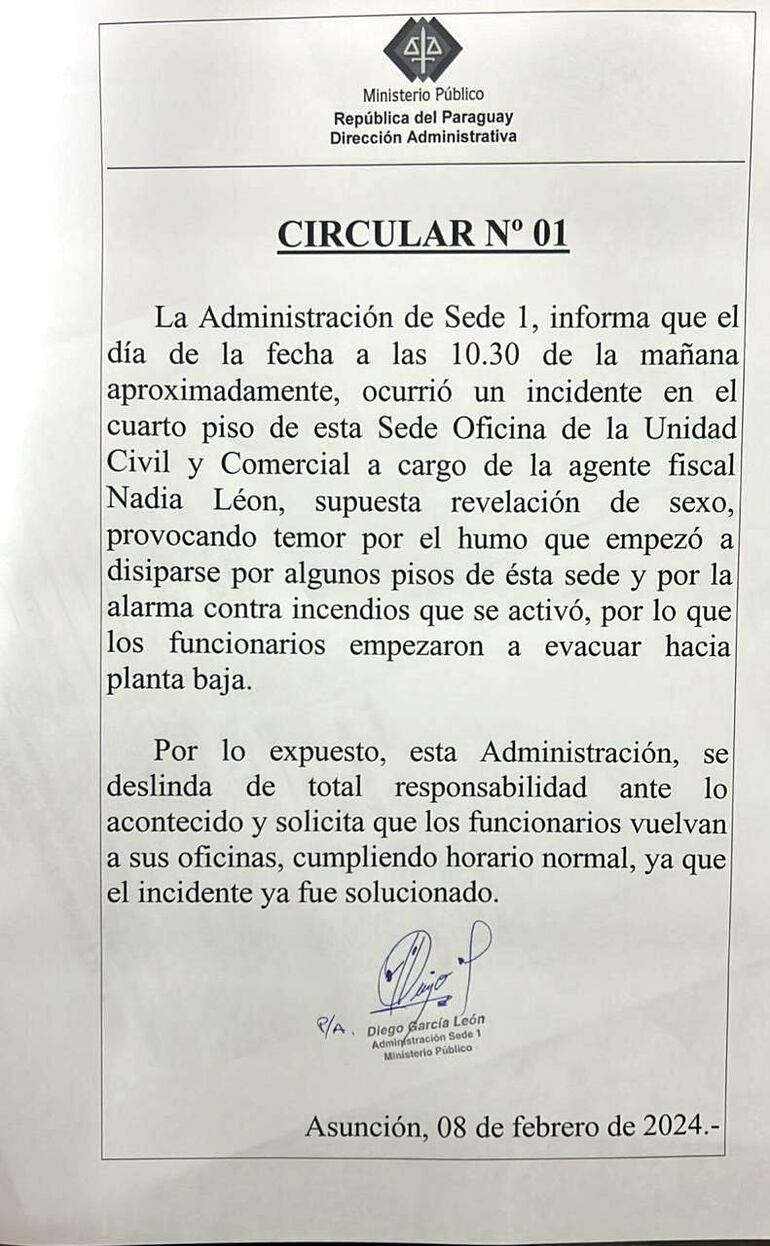  Comunicado de la Fiscalía sobre el incidente ocurrido esta mañana en la sede 1.