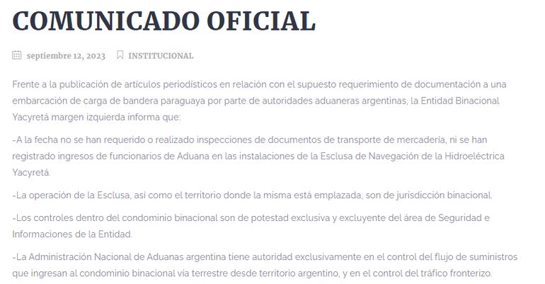 Comunicado de la Entidad Binacional Yacyretá margen izquierda.