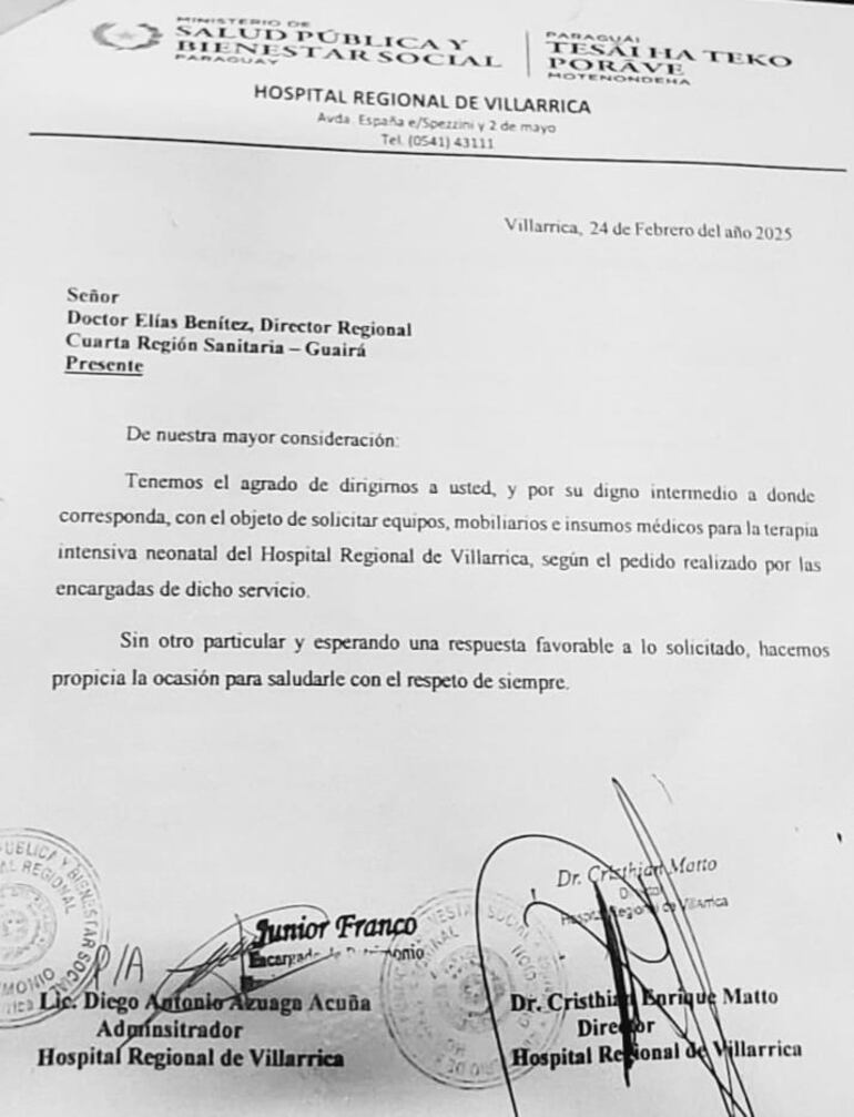 El 24 de febrero, Matto redirigió la solicitud de médicos y enfermeros al entonces director de la IV Región Sanitaria.