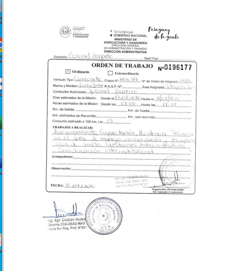 Orden de trabajo exhibido por Bareiro a la Contraloría General de la República (CGR) durante su intervención en Carmen del Paraná.