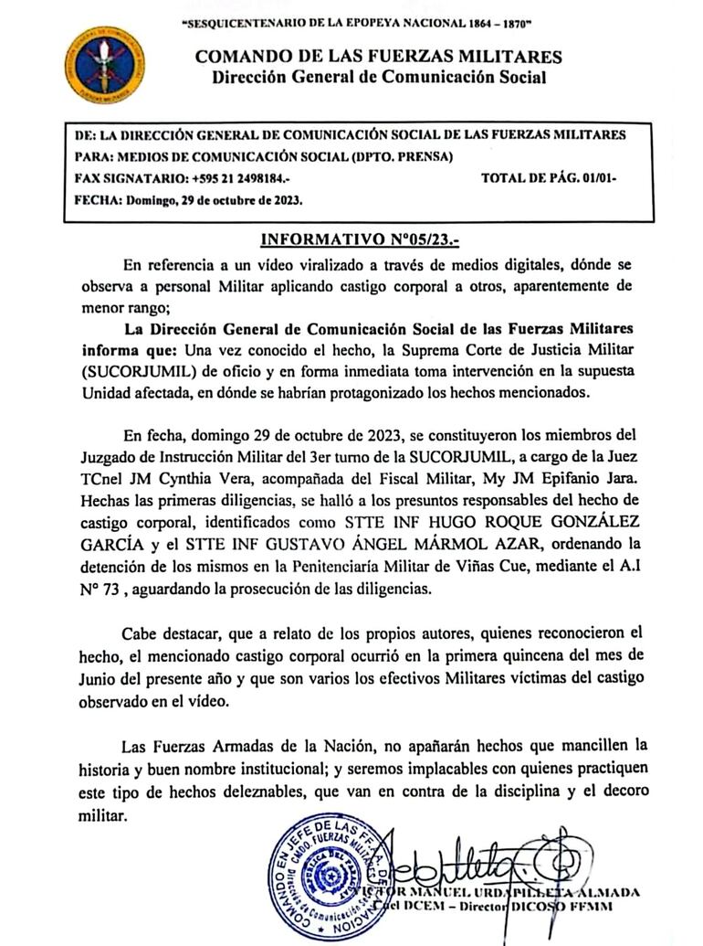 Comunicado del Comando de las Fuerzas Militares sobre caso de agresión en el Regimiento Escolta Presidencial.