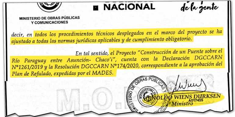 Facsímil de la nota del MOPC enviada a los Maká, responsabilizó al Mades de las autorizaciones de las obras del puente "Héroes del Chaco", razón por la que avanzan los trabajos.
