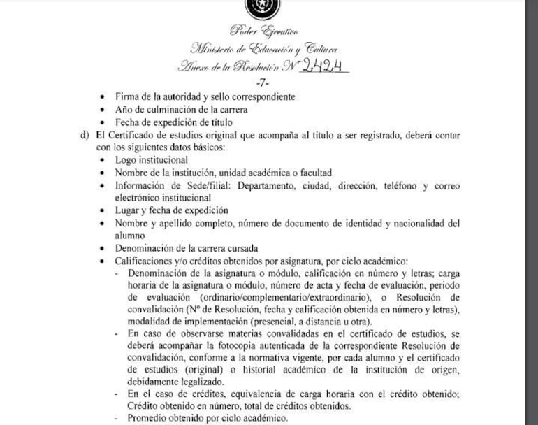 Resolución Nº 2424  que exigen puntos que no cumplieron las Universidades Sudamericana y Leonardo Da Vinci.