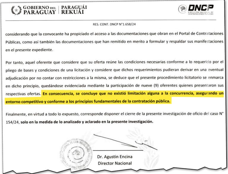 Parte conclusiva de la resolución de la DNCP por la cual se dio por concluida la investigación de denuncias sobre el proyecto HC.