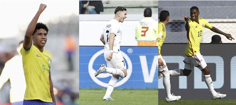 Combo de tres fotografías donde se ve a Andrey Santos (i) de Brasil, Anderson Duarte (c) de Uruguay y Yaser Arsprilla de Colombia. Sudamérica hizo historia en este Mundial sub-20 de Argentina al colocar, por primera vez, cinco de sus selecciones en octavos de final, ronda en la que, sin embargo, perdió a dos importantes bazas para el título: la Albiceleste y Ecuador.