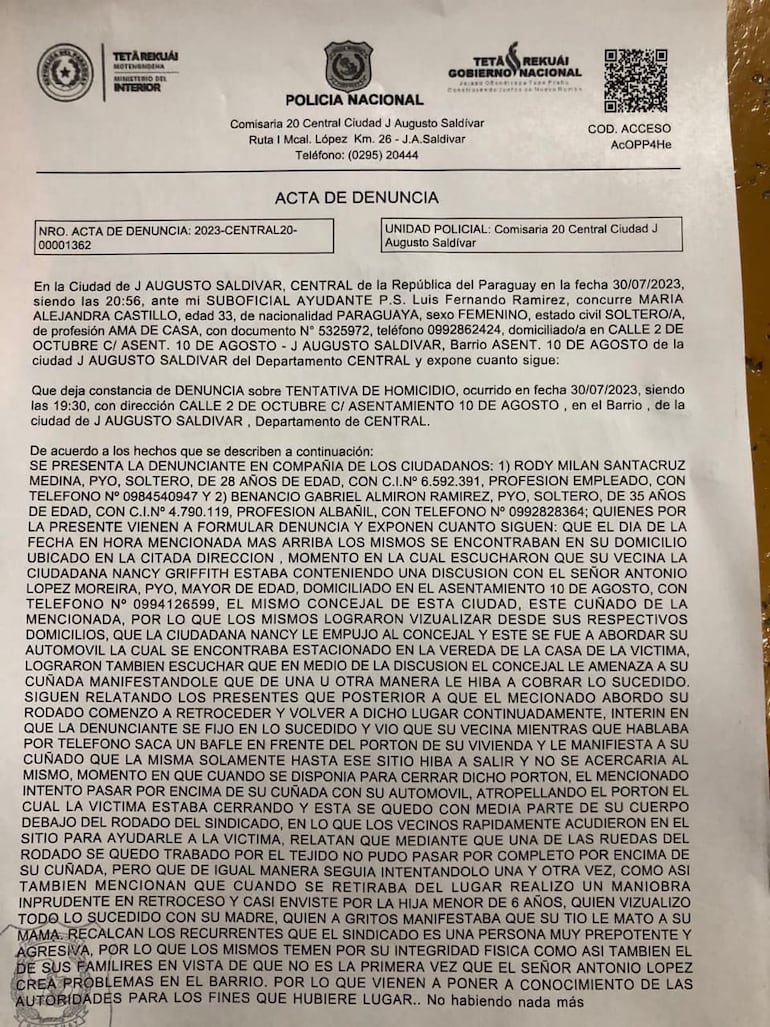 Denuncia realizada por vecinos de J. Augusto Saldivar contra el concejal Antonio López Moreira.