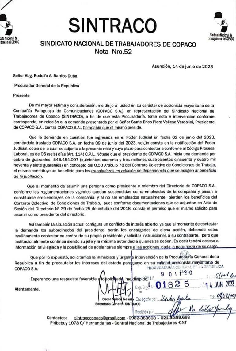 Nota que presentó uno de los sindicatos de Copaco a la Procuraduría.