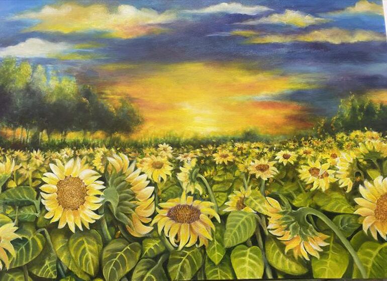 "Campo de girasoles", una obra de Marta Lía Caggiano, que formará parte de la "Expo Primavera" de Amigos del Arte.