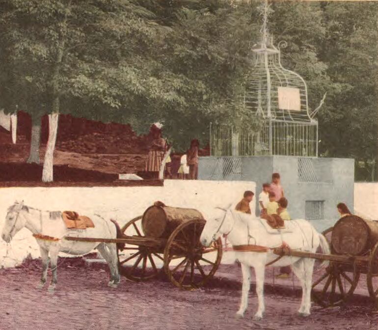 Carritos aguateros recogen agua del Pozo de la Virgen en 1969. Foto coloreada y publicada entonces en el Suplemento Cultura del ABC Color. 