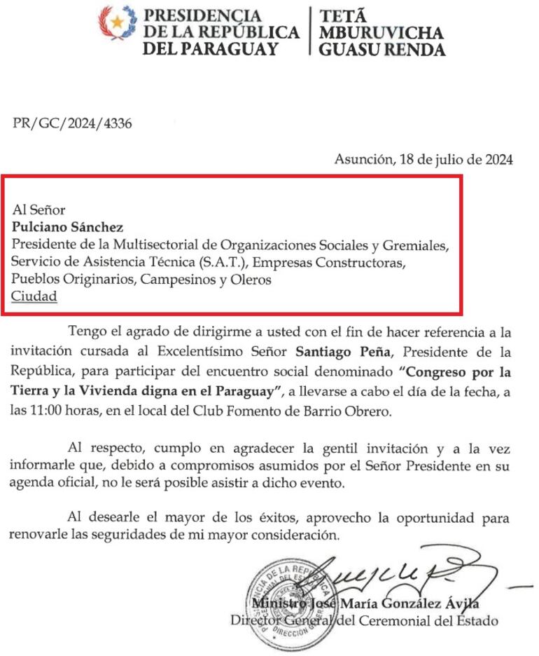 Facsímil de la nota de la Presidencia de la República dirigida a Pulciano Sánchez de la multisectorial, que nuclea a organismos que participan en la construcción de viviendas sociales. El "líder social" está procesado por falsear firmas de beneficiarios con subsidios para la casa propia.