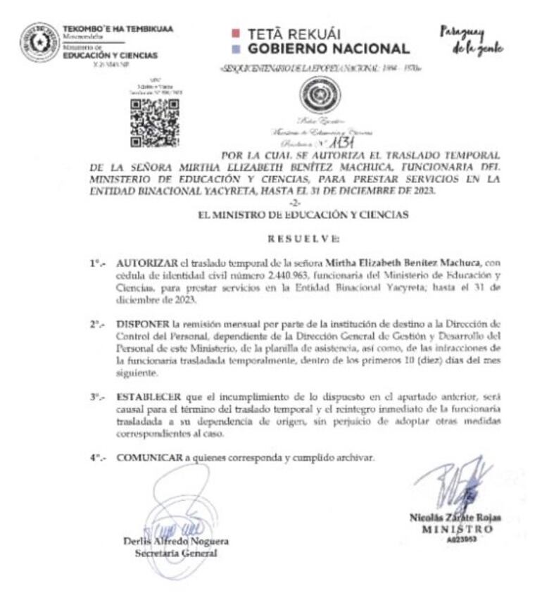 Documento mediante el cual la pareja de Ever Villalba es comisionada a la Entidad Binacional Yacyretá.