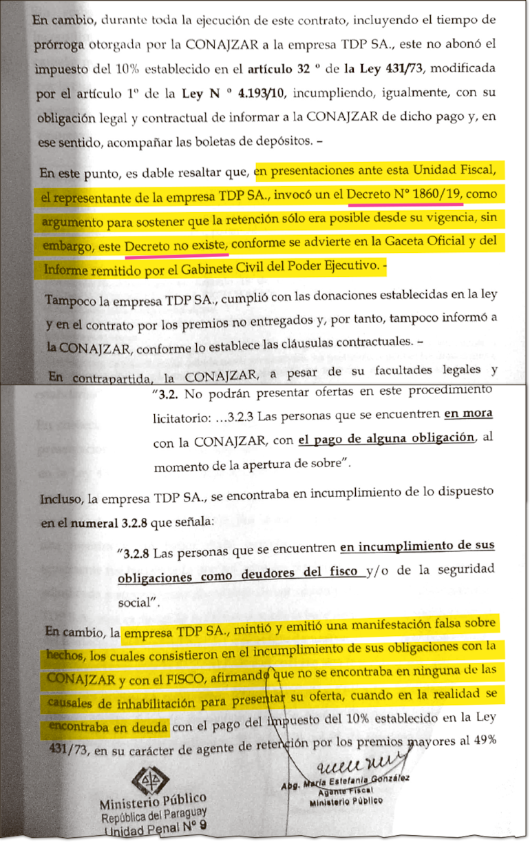 Facsímil de la acusación de Fiscalía. Asegura que no existe el Decreto N° 1860/19  planteado por la defensa de TDP SA para justificar que no estaba en mora en 2020, al adjudicarse la quiniela.