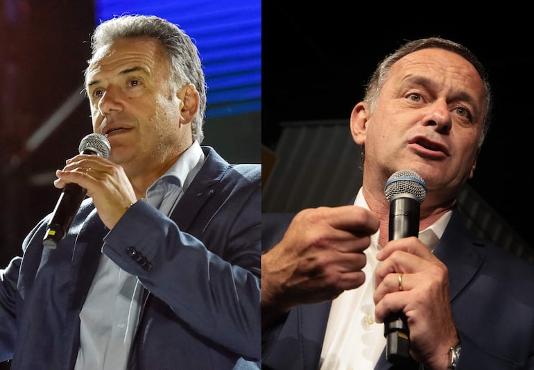 Los candidatos presidenciales, por el Frente Amplio, Yamandú Orsi (i), y por el Partido Nacional, Álvaro Delgado, durante actos de campaña.