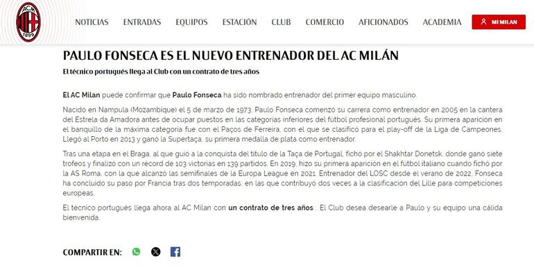 El anuncio de Paulo Fonseca como nuevo entrenador del Milan.