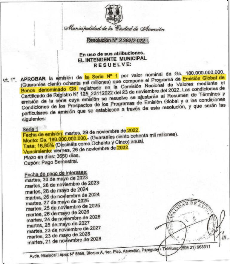 Resolución de Óscar "Nenecho" Rodríguez, por la que autoriza la emisión de los bonos de serie 1 del G8, a diez años y con una tasa de interés anual del 16,85%.