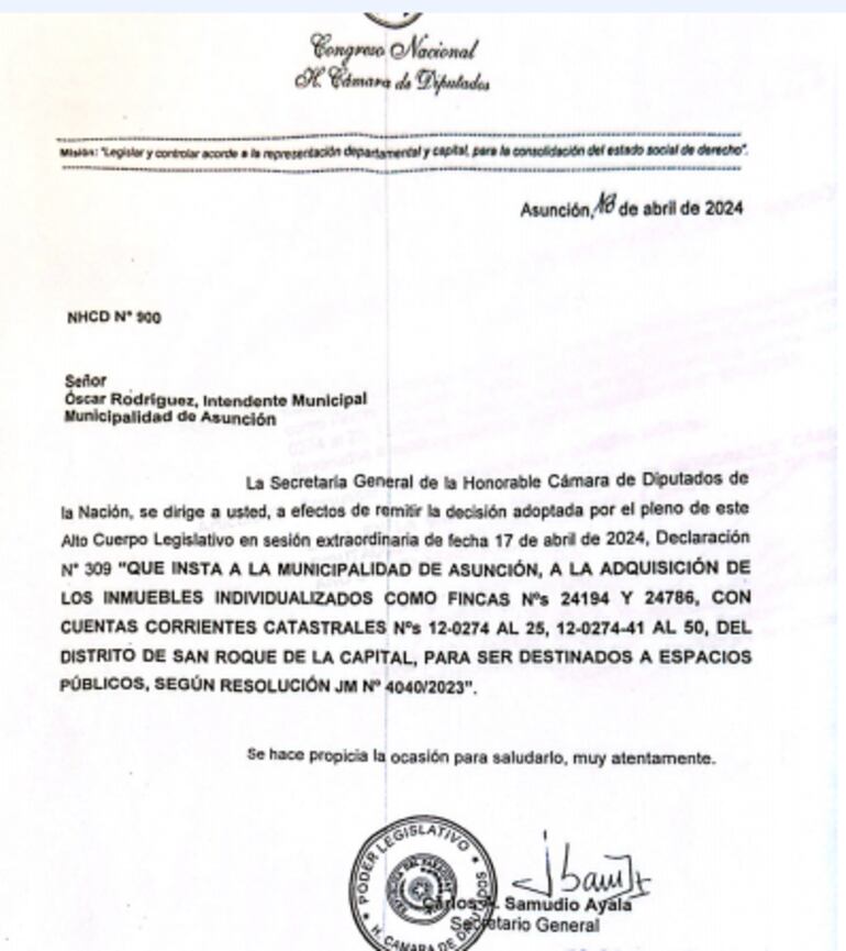 Comunicación al intendente de Asunción Óscar "Nenecho" Rodríguez de lo resuelto por Diputados con relación al predio del Bº San Vicente.