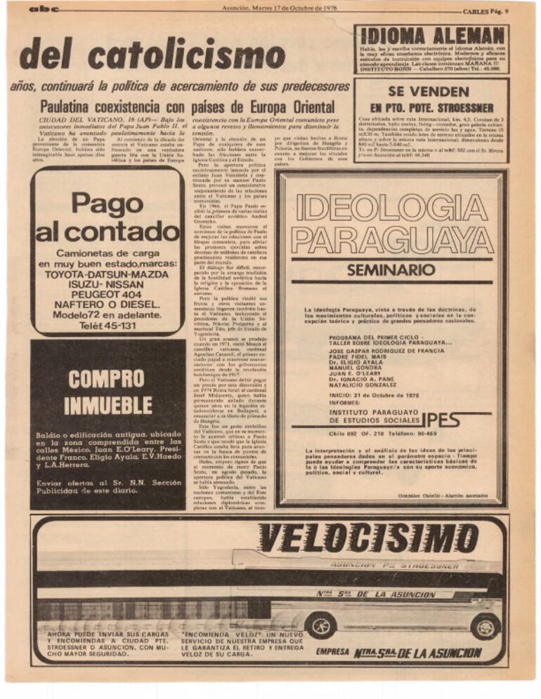 Publicaciones de ABC Color del 17 de octubre de 1978. Eligieron a Juan Pablo II como papa.