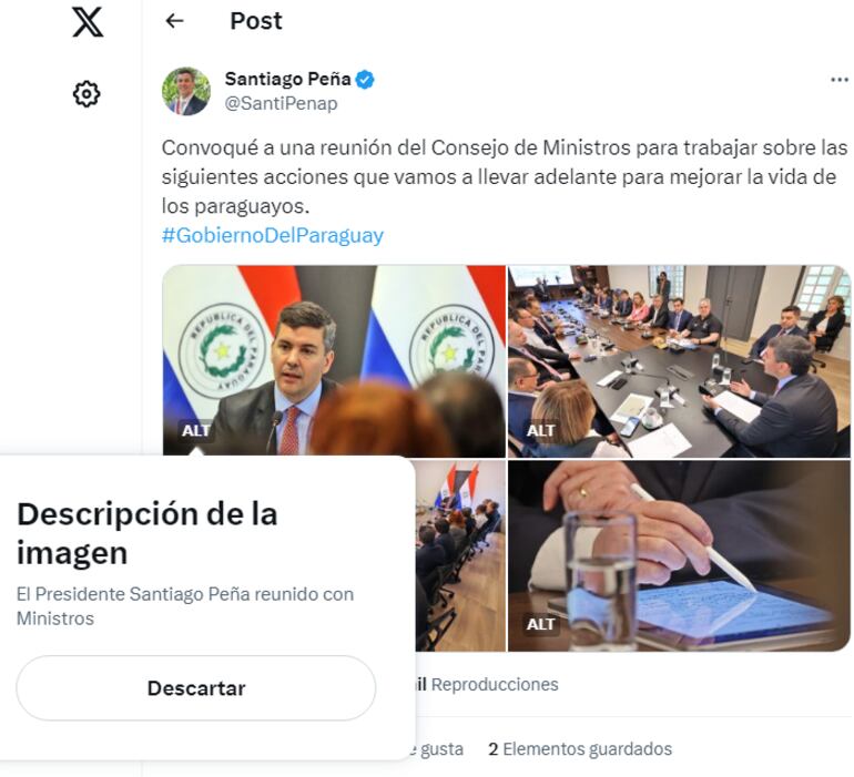 La imagen muestra una captura de pantalla de la cuenta oficial en la plataforma X del presidente Santiago Peña, donde se demuestra un texto alternativo muy breve y poco descriptivo.