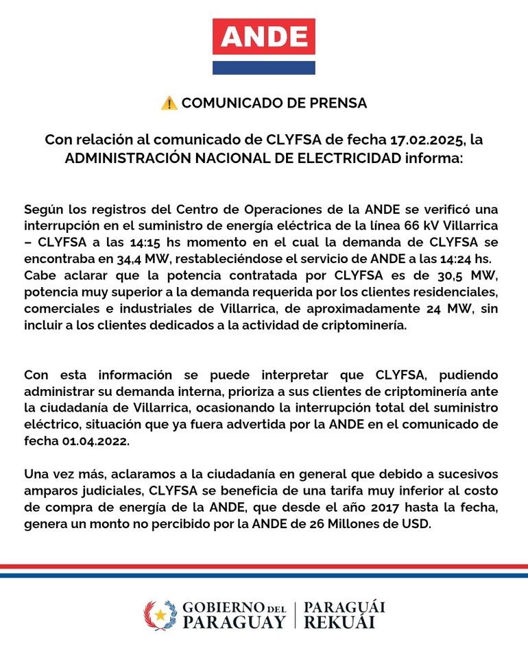 Comunicado de la ANDE sobre apagón en Villarrica y problemas con CLYFSA.