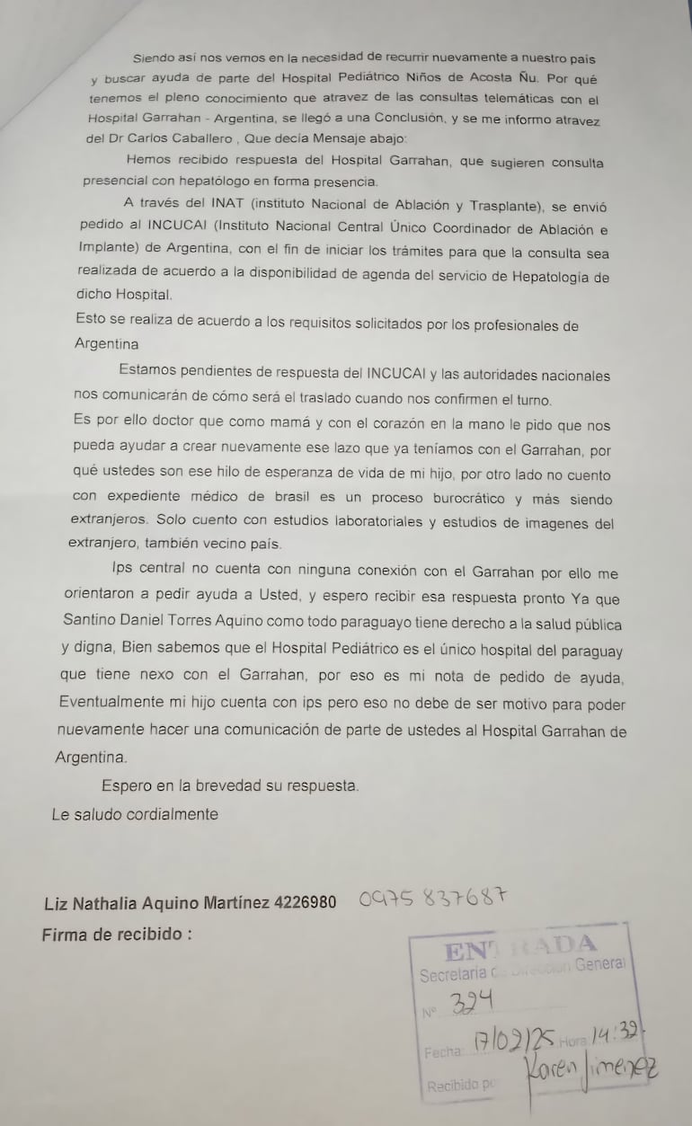 La madre de Santino presentó una nota el lunes último dirigida al doctor Héctor Castro, antes de conocer que hace casi un año fue aprobado el traslado de su bebé al Hospital Garrahan.