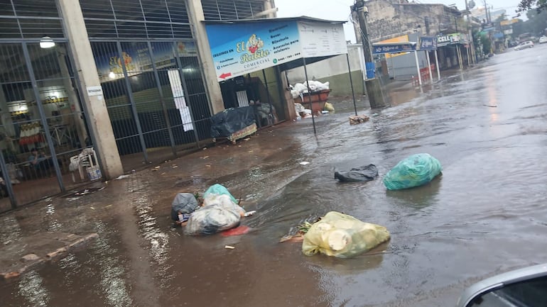 Bolsas de basura fueron arrastradas por el raudal.