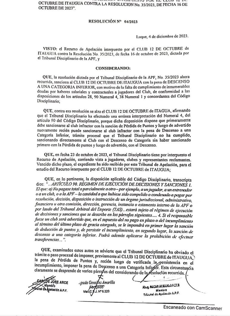 Resolución del Tribunal de Apelación.