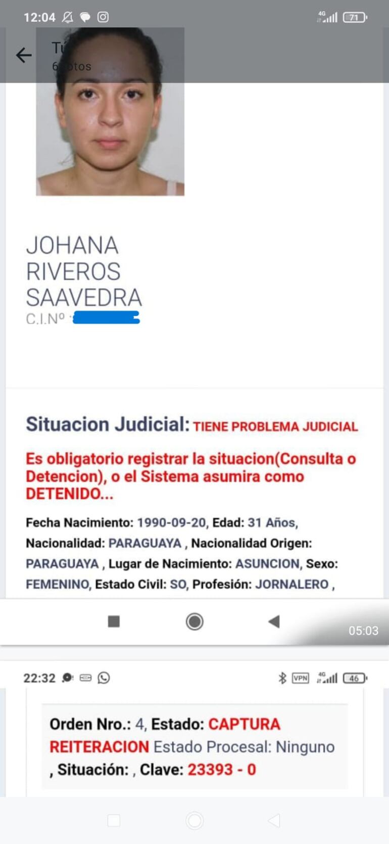 Ficha policial de Johana Riveros Saavedra donde registra antecedentes y ordenes de captura.