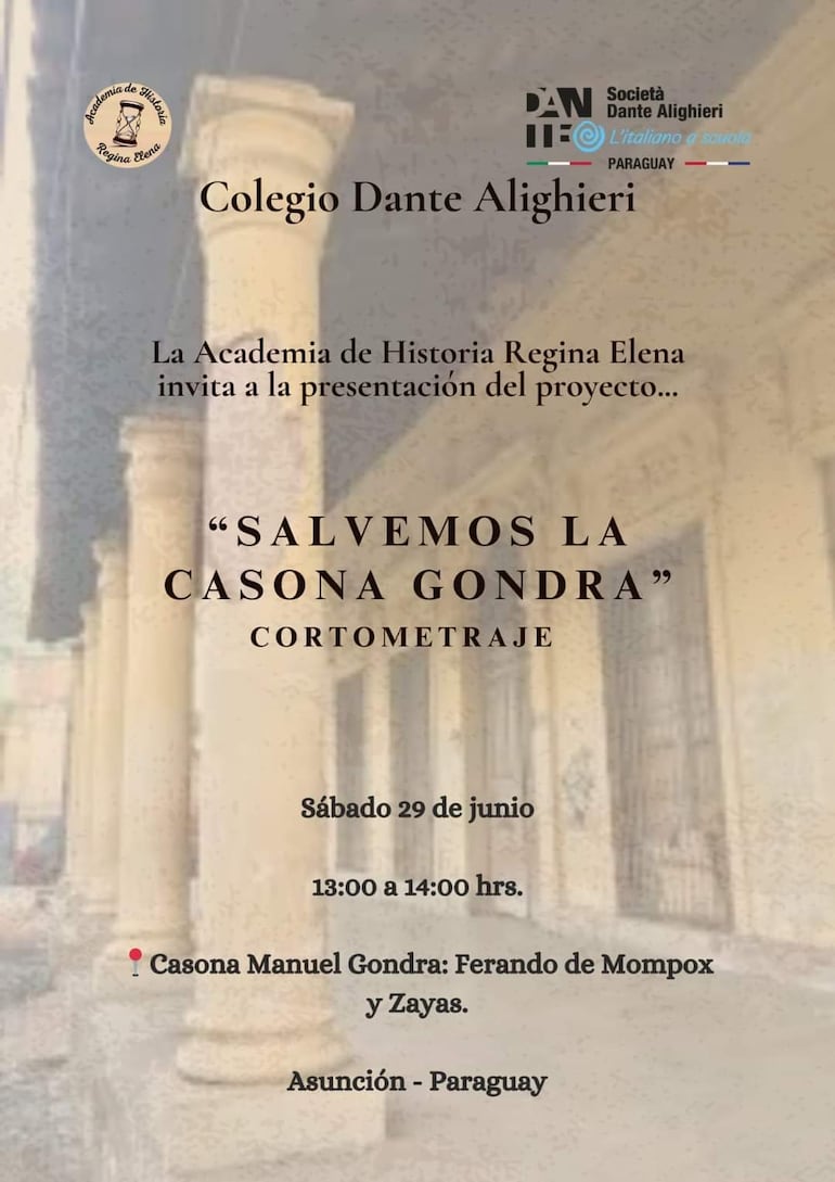El proyecto "Salvemos la Casona Gondra" es una iniciativa de los alumnos de la Academia de Historia "Regina Elena" del colegio Dante Alighieri y será presentado a través de un cortometraje.
