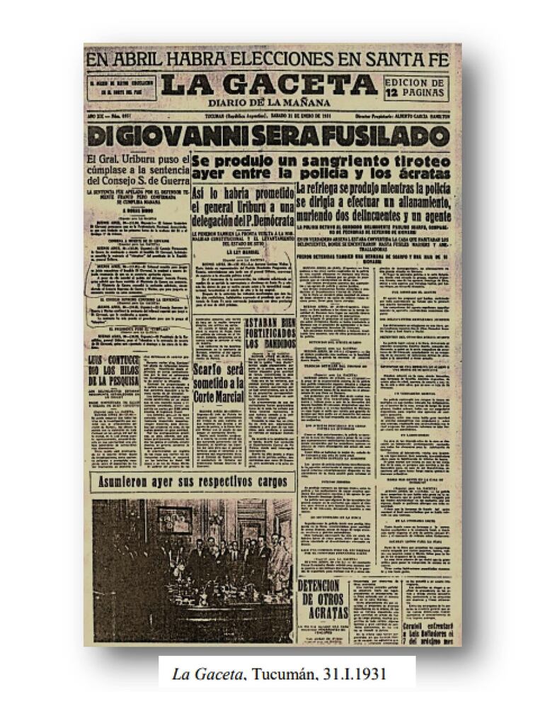 "Di Giovanni será fusilado". Diario "La Gaceta", Tucumán, 31 de enero de 1931.