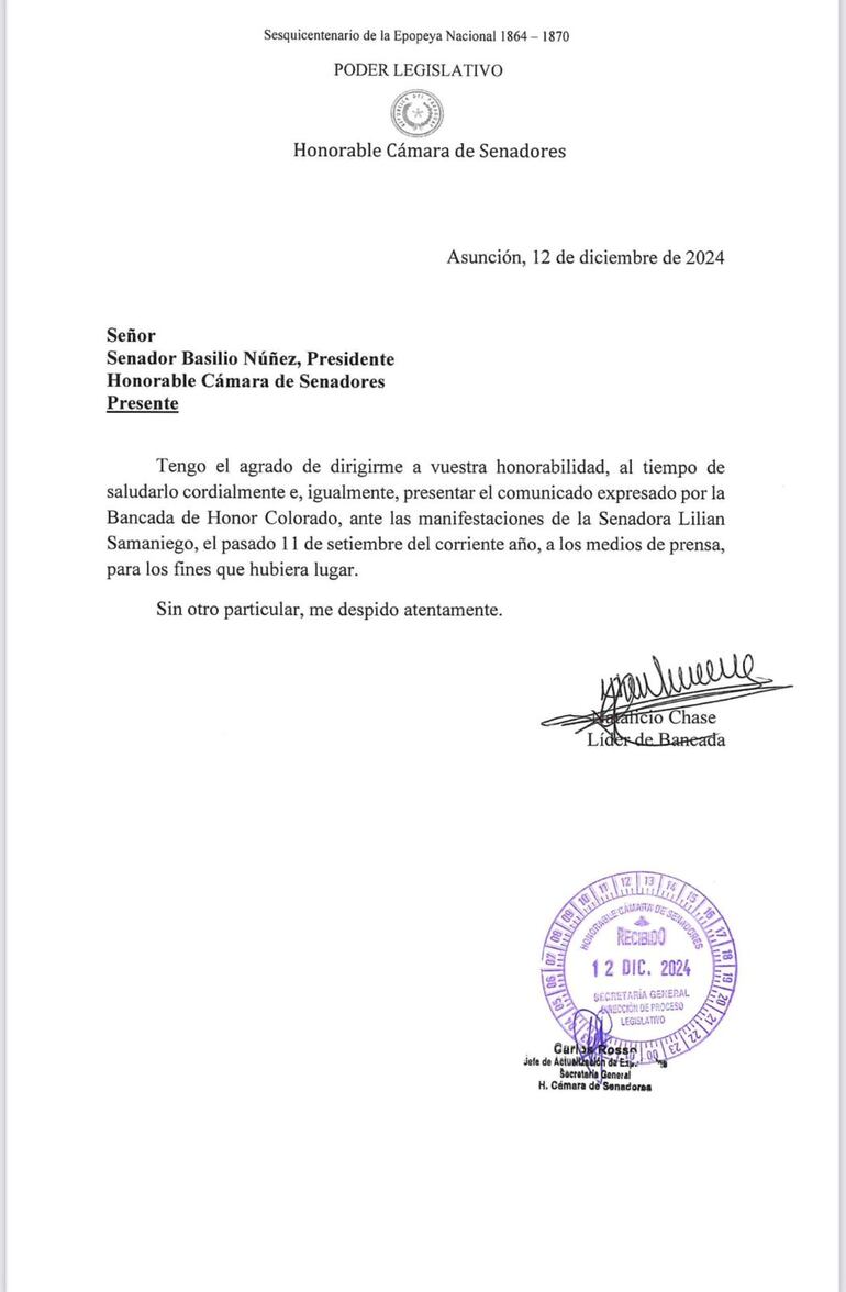 Comunicado de la bancada cartista que lleva únicamente la firma de su lider, el senador Natalicio Chase.