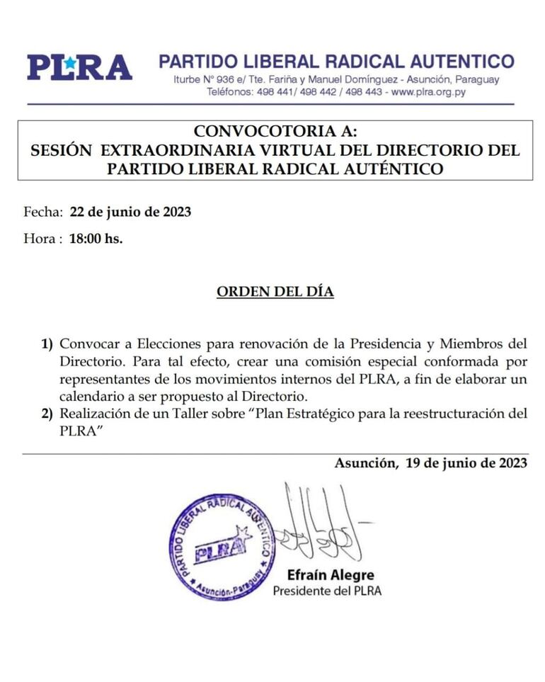 Convocatoria de Efraín Alegre para tratar un llamado a elecciones en el PLRA. (gentileza).