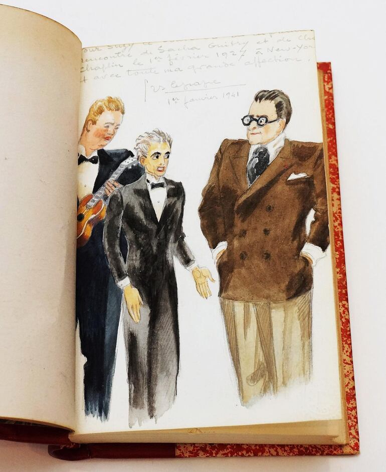 Sacha Guitry y Charles Chaplin en su encuentro en  Nueva York en 1927. Dibujo de Georges Lepape (que se autoretrató a la izquierda) firmado en 1941