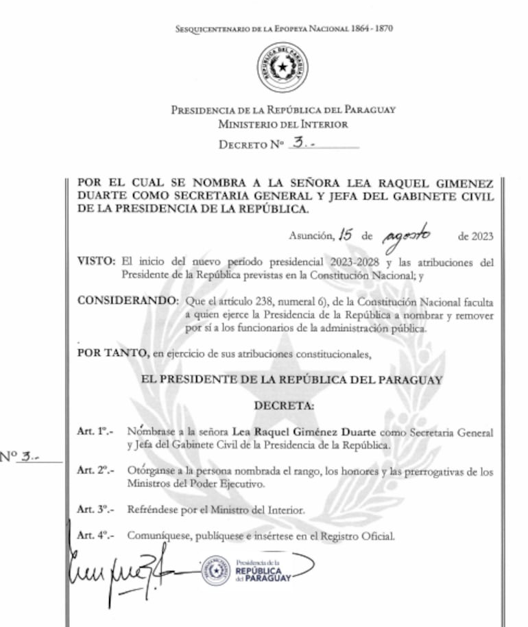 Decreto de nombramiento como jefa de gabinete a Lea Giménez.