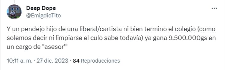 Tuit donde se hace referencia al hijo de la diputada Roya Torres.