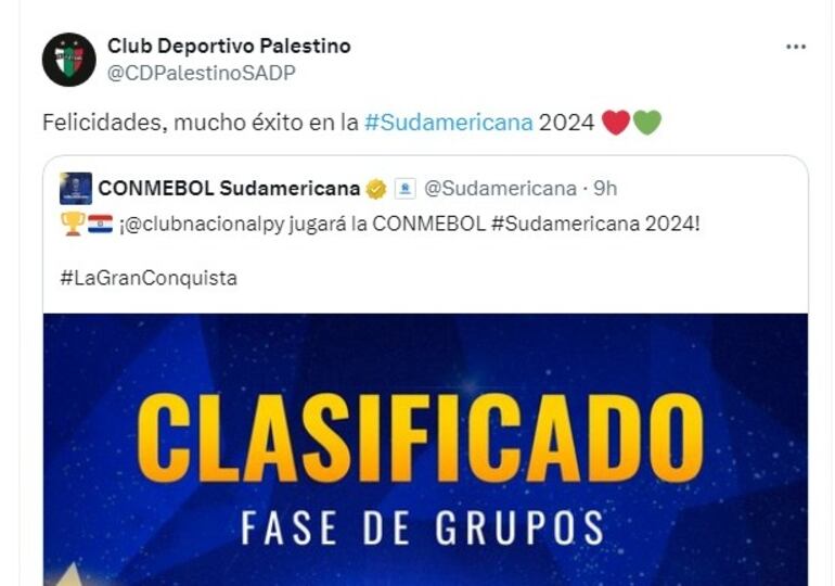 La sarcástica publicación de Palestino a Nacional en redes sociales.