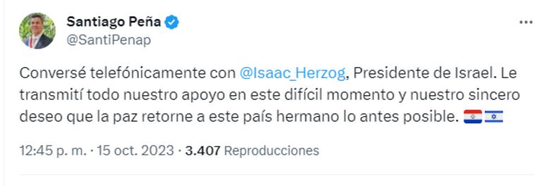 Tuit de Santiago Peña sobre apoyo a Israel.