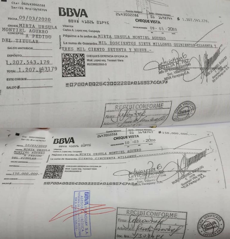 Copia de otros de los cheques que fueron efectivizados por la sobirna Mirta Montiel por valor de G. 1.207 y G. 150 millones, respectivamente.