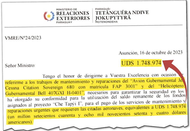 Nota del 16 de octubre de 2023 mediante la cual el canciller Rubén Ramírez informa al ministro de Economía Carlos Fernández la conformidad del gobierno de Taiwán