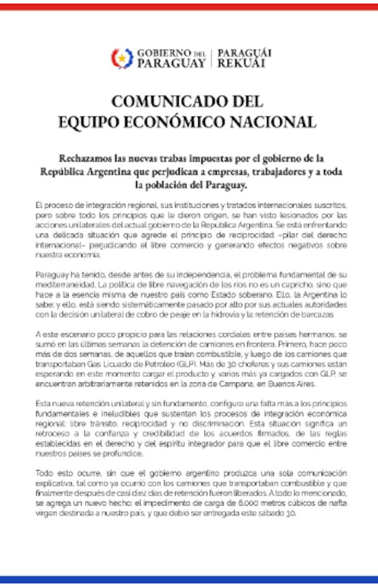 Primera parte del comunicado del Equipo Económico del Poder Ejecutivo.