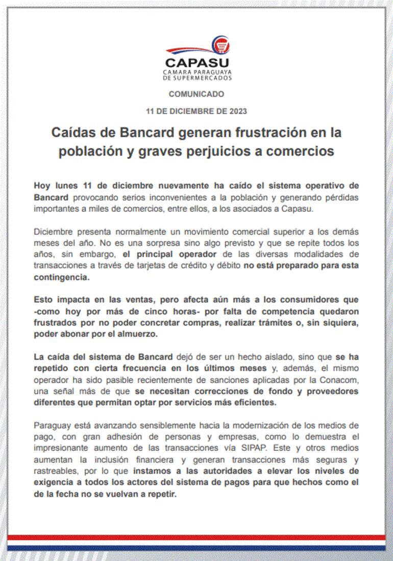 Ante la prolongada caída del sistema operativo de Bancard, la Cámara Paraguaya de Supermercados reportan graves perjuicios en los comercios.