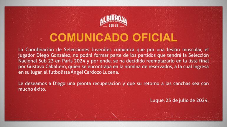 El comunicado oficial de Paraguay sobre la baja de Diego González para los Juegos Olímpicos 2024.