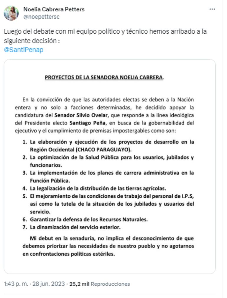 Tweet en el que Noelia Cabrera, senadora electa por la lista de senadores de la Concertación Nacional y quien es del Partido Liberal Radical Auténtico (PLRA) anuncia su apoyo a Silvio "Beto" Ovelar en la puja por la presidencia del Senado y a Santi Peña.