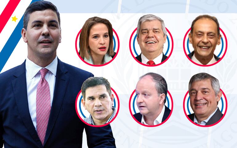 Ministro del Gabinete de Santiago Peña: Arriba: Lea Giménez, Enrique Riera y Ángel Barchini. Abajo: Juan Carlos Baruja,  Carlos Fernández Valdovinos y Luis Fernando Ramírez.